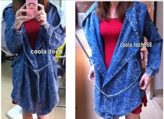Women Acid Wash Blue Jean Jacket with Hood 2011 Korean Style Long Coat w Belt