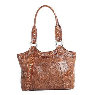 Western Tooled Leather Tote Bag Purse Caramel Brown