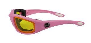Ladies` Pink Padded Motorcycle Glasses Yellow Lenses