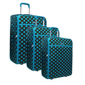 3pc Brown with Large Blue Polka Dot Design Rolling Luggage Set with Blue Trim