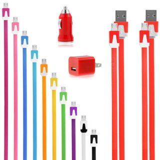 3 in 1 Flat Micro USB Charge Sync Data Cable w' Car Bullet Wall Cube Charger