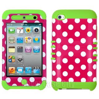 For Apple iPod Touch 4 4th Gen White Dots on Pink with Green Silicone Cover Case