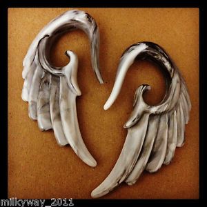 Marble Grey Acrylic Angel Wings Ear Gauge Plug Seraphim Hanging Tribal Plastic