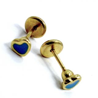 Gold 18K GF Earrings Baby Girl Toddler Safety Stud Security Blue Turquoise Heart