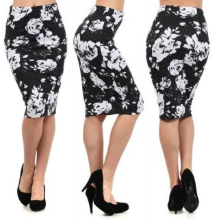Skirt s M L Pencil Floral Print High Waist Black White Stretch Knit New Womens