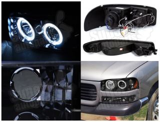 1999 2006 GMC Sierra Projector LED Halo Headlights Bumper Lamps Glossy Black