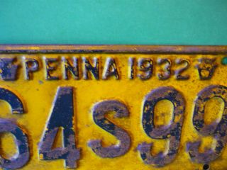 Vintage 1932 Pennsylvania Penna USA Automobile Car License Plate Yellow Black