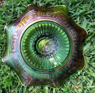 Northwood Greek Key and Scales Green with Marigold Overlay Carnival Glass Bowl