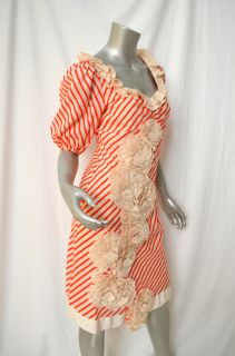 New Trelise Cooper Cream Silk Orange Stripe Rosette Dress 6 8 $895