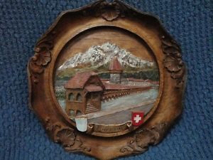 Vintage Carved Syroco Wood Raised Relief Wall Plate Charger Lucerne Switzerland