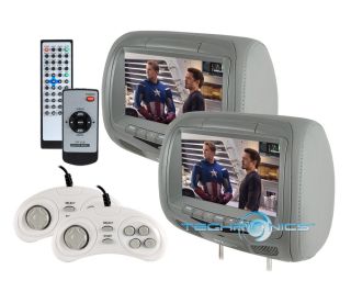 Pair 9" TFT Widescreen Car Headrest Pillow Monitors 1 w DVD Player SD USB Grey