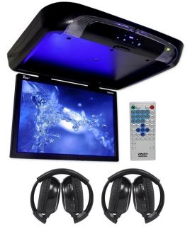 TView 20" Black Flip Down Car Monitor DVD CD Player with 2 Wireless Headphones