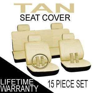 15pc Set Solid All Beige Car Seat Covers Free Steering Wheel Belt Pads Head Rest