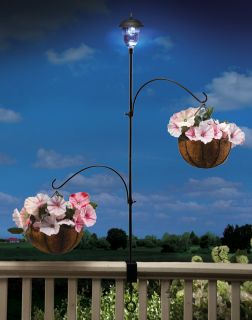 Adjustable Deck Porch Railing Plant Hanger w Solar Power Lantern Holds Flowers