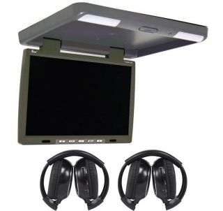 TView T156IR 15 4" Gray Overhead Ceiling Flip Down Monitor 2 Wireless Headsets