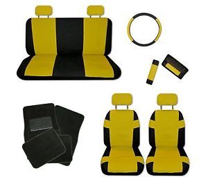 Superior Faux Leather Yellow Black Car Seat Covers Set and Black Floor Mats B