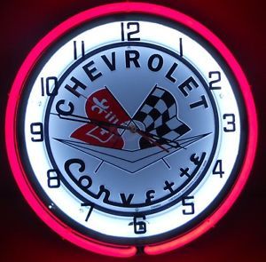 Chevy Corvette 18" Neon Light Chrome Clock Emblem Garage Parts Sting Ray Sign