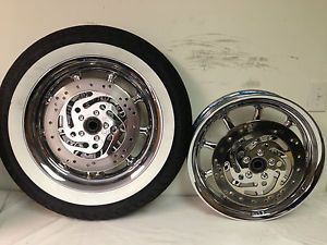 Chrome Harley Ultra Road King 9 Spoke Wagon Wheels 3 Rotors w Whitewall Tire