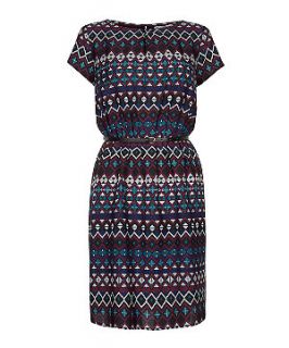 Blue and Maroon Aztec Jacquard Belted Dress