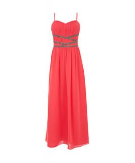 Paper Doll Coral Embellished Waist Pleated Maxi Prom Dress