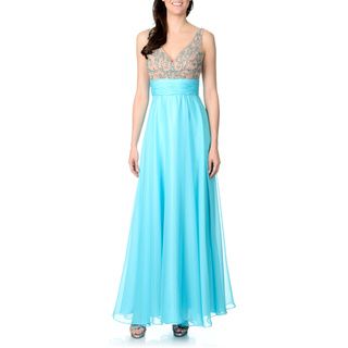 Ignite Women's Turquoise Beaded Empire Waist Chiffon Gown Ignite Evening & Formal Dresses