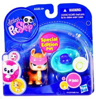 Hasbro Year 2009 Littlest Pet Shop Portable Pets "Special Edition Pet" Series Bobble Head Pet Figure Set #1460   Brown Llama with Sunvisor, Teddy Bear Floaty and Small Swimming Pool (94129) Toys & Games