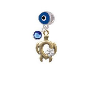 Open Gold Sea Turtle with Pearl White Plumeria Flower Blue Evil Eye Charm Bead Dangle with Crystal Drop Delight & Co. Jewelry