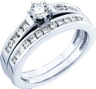 Wedding Ring Sets 0.75CTW PRINCESS ROUND DIAMOND LADIES SET 14KT White Gold Jewelry