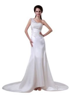 Remedios Boutique Lace One Shoulder Satin Fit and Flare Wedding Bridal Dress Clothing