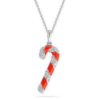 10k White Gold Red Enamel with Diamond Candy Cane Pendant Necklace (.04 cttw, I J Color, I2 I3 Clarity), 18" Jewelry