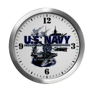Modern Wall Clock US Navy with Aircraft Carrier Planes Submarine and Emblem  