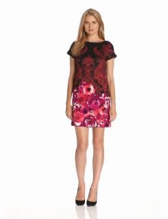 Maggy London Women's Printed Paisley Short Sleeve Ponte Dress, Red/Purple, 6 Clothing