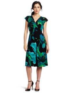 Evan Picone Women's Printed Matte Jersey Flutter Sleeve Dress, Green/Blue, 10 Clothing
