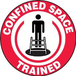 Accuform Signs LHTL114 Adhesive Vinyl Hard Hat/Helmet Safety Message Label, Legend "CONFINED SPACE TRAINED" with Graphic, 2 1/4" Diameter, Red/Black on White (Pack of 10)