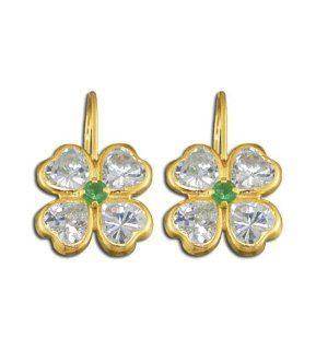 14K Yellow Gold Green CZ Diamond Lucky Clover Dangling Earrings Jewelry