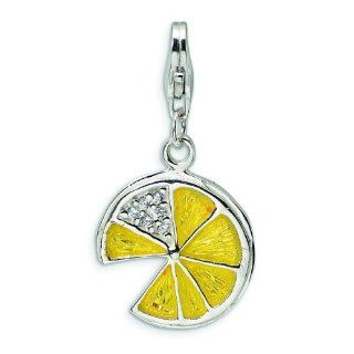 Sterling Silver 3 D Yellow Enamel Lemon Wedge with Lobster Clasp Charm Jewelry