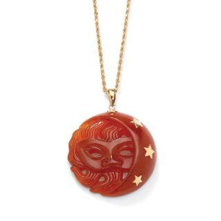 PalmBeach Jewelry Round Genuine Red Jade 10k Yellow Gold Celestial Designed Moon and Stars Pendant Jewelry