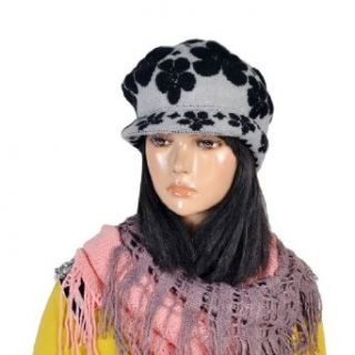 Allegra K Women Skiing Head Ear Warmer Black Flowers Pattern Knitted Hat Cap Beanie Gray Clothing