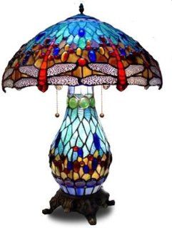 Lifetime International Blue American Handmade Dragonfly Tiffany Style Stained Glass Table Lamp Lamps with Lit Base. T18020b Model