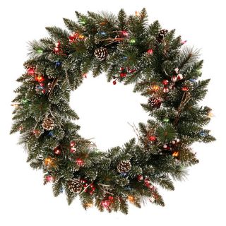 Vickerman 30 in. Pre Lit Snow Tip Pine and Berry Wreath   Clear   Christmas Wreaths