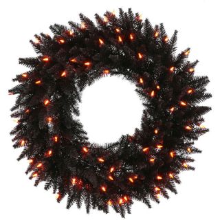 Vickerman Black Fir Pre Lit Wreath   Orange Lights   Halloween