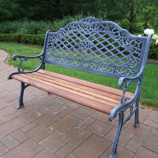 Oakland Living Mississippi High Back Cast Iron and Wood Bench in Verdi Grey Finish   Outdoor Benches