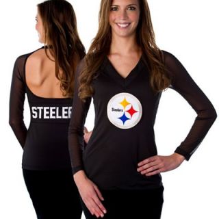 All Sport Couture Pittsburgh Steelers Ladies Fashion Long Sleeve V Neck Halter Top   Black