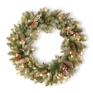 24 in. Dunhill Fir Pre Lit Christmas Wreath WITH Snow Red Berries and Pine Cones   Christmas Wreaths