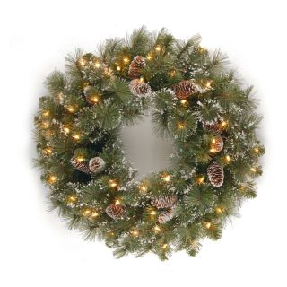 24 in. Glittery Pine Pre Lit Christmas Wreath with Pine Cones   Christmas Wreaths