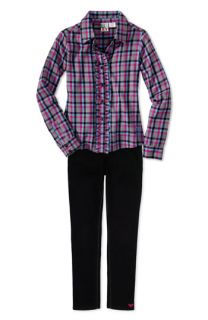 Roxy Ruffle Front Flannel Shirt & Skinny Jeans (Big Girls)