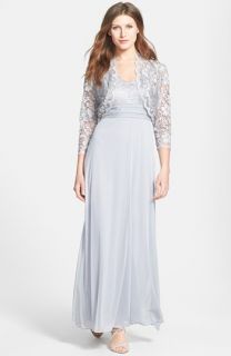 Adrianna Papell Embellished Lace Yoke Pleat Mesh Gown (Regular & Petite)