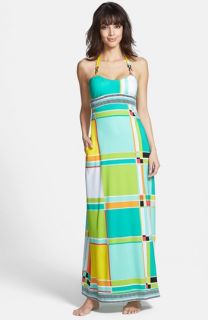 Trina Turk Colorblock Plaid Halter Maxi Dress