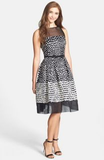 Taylor Dresses Illusion Bodice Dot Print Fit & Flare Dress