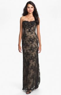La Femme Strapless Lace Overlay Column Gown